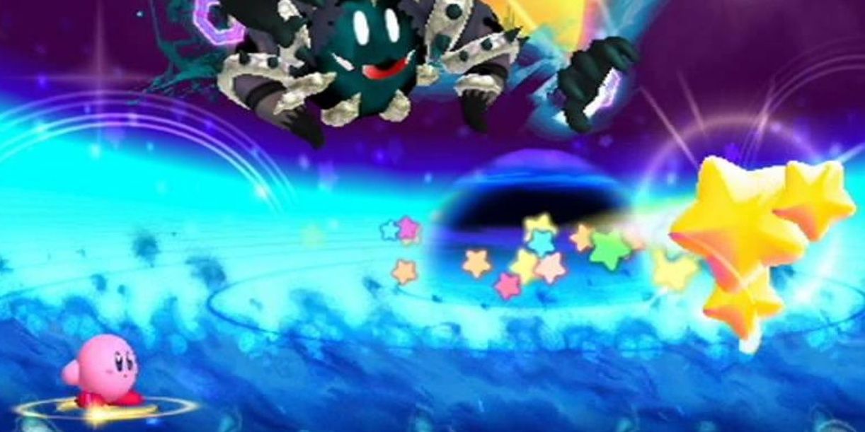 Kirby facing off with Magolor Soul in a galactic landscape