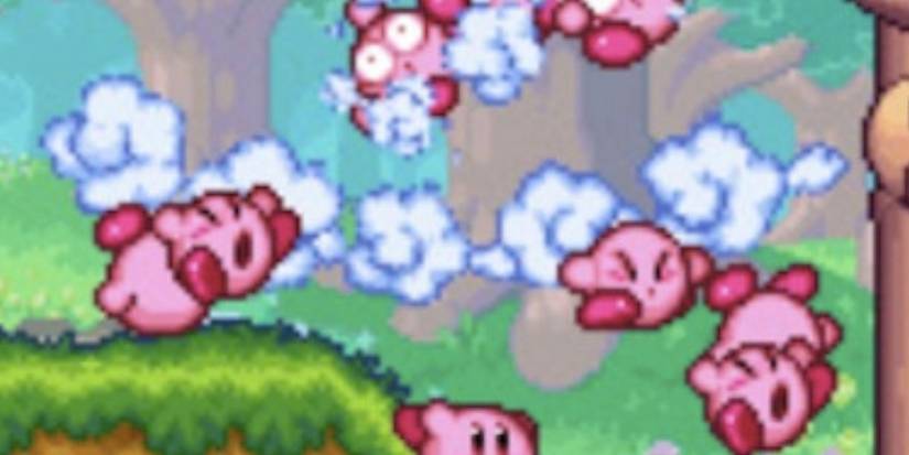 Multiple Kirby's being blown by the Breezy Tree in Kirby Mass Attack