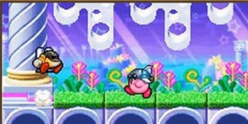 Kirby Taking Part in the Great Cave Offensive, wearing a helmet and approaching another character