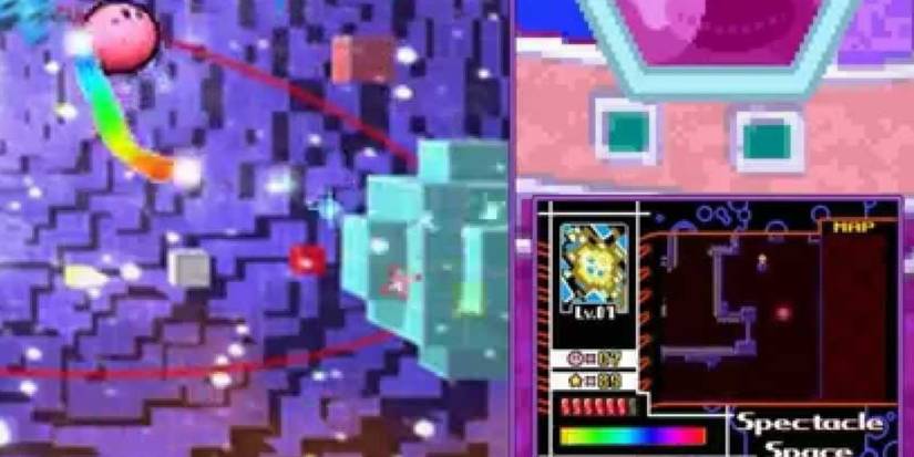 Kirby in the Spectacle Space area of the Wonder Lilane in Kirby Canvas Curse, with a map of the area in the corner