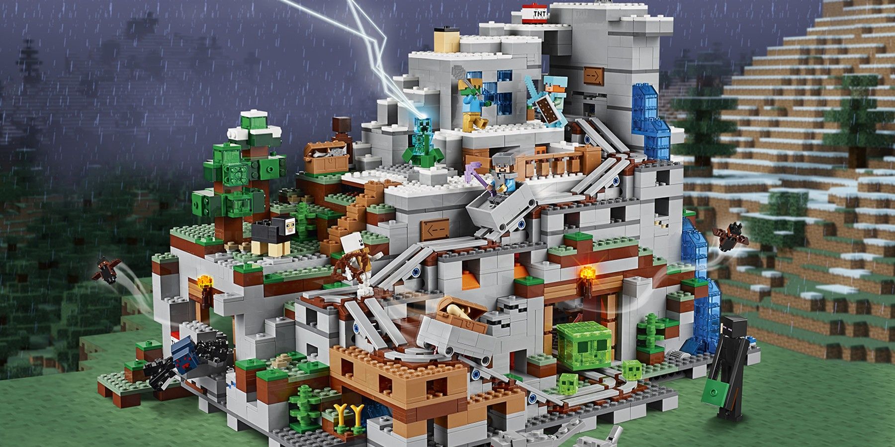 Lego Minecraft Mountain Cave set in rendered rainy scene with lightning