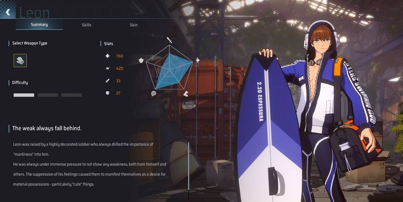 The character menu for Leon in Eternal Return