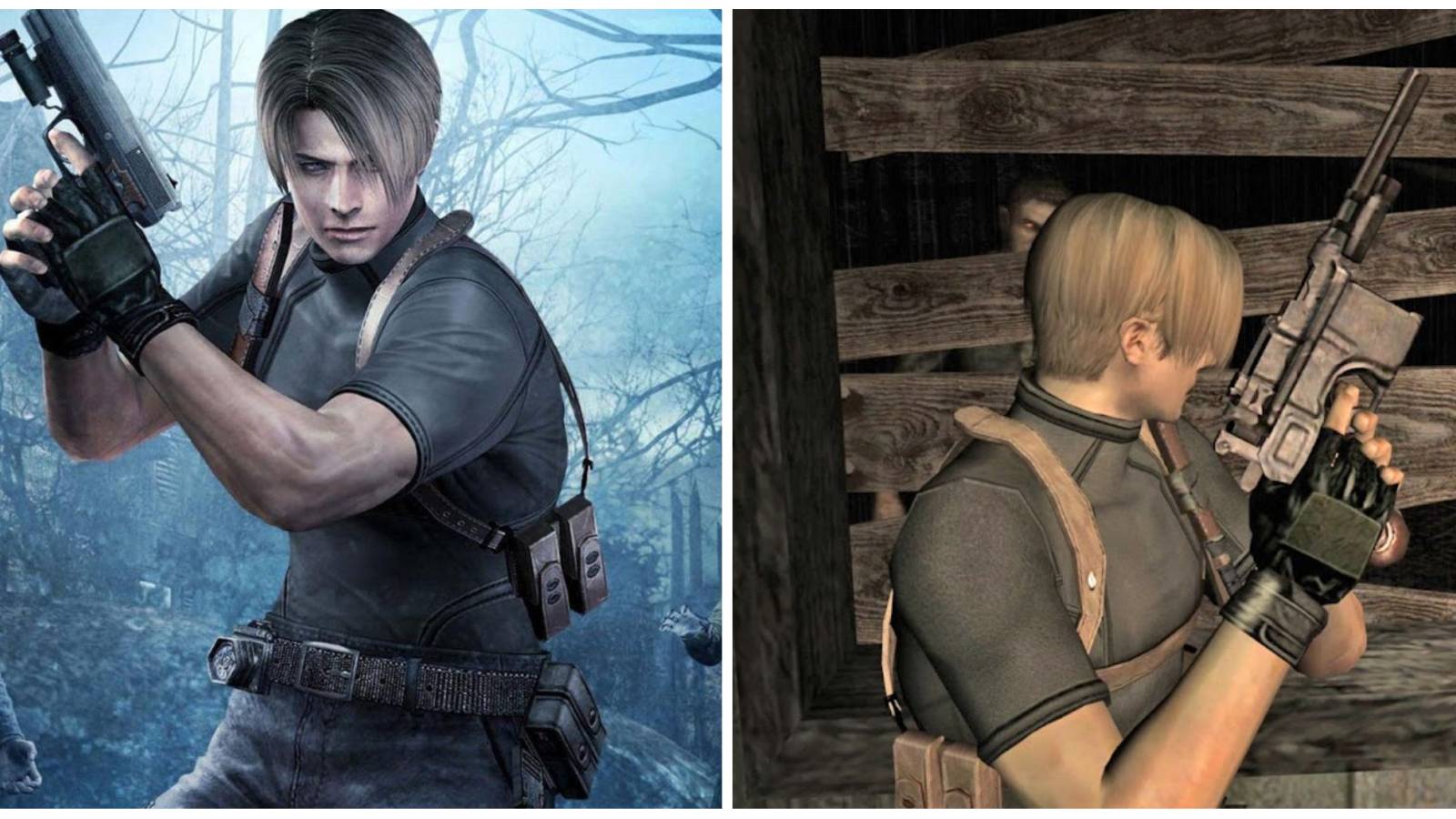 (Left) Leon holding the handgun (Right) Leon holding the Red 9