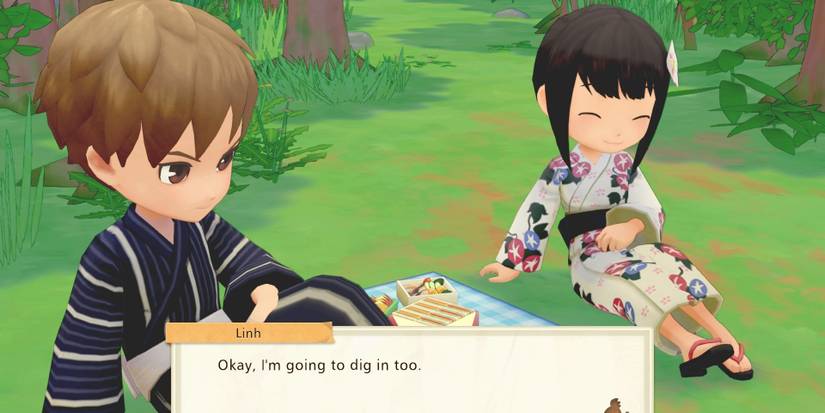 Linh and the player having a picnic on the grass in Story of Seasons: Pioneers of Olive Town