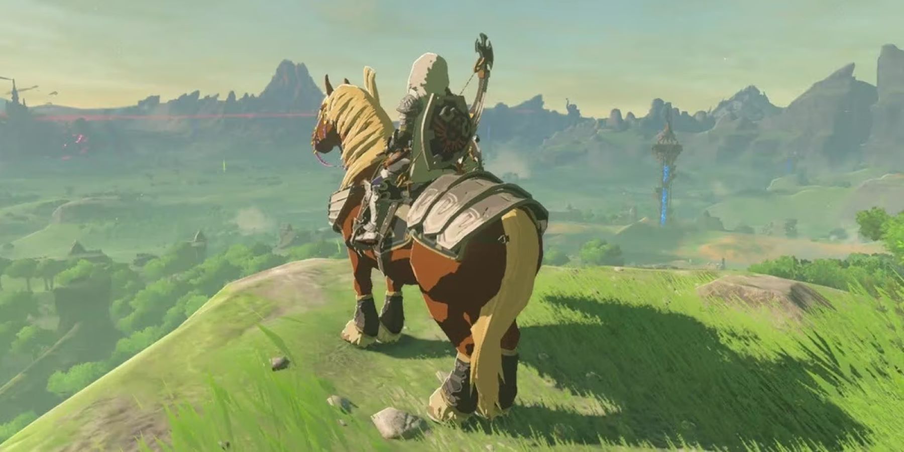 Линк катается на лошади и смотрит на Хайрула в The Legend of Zelda: Breath of the Wild.