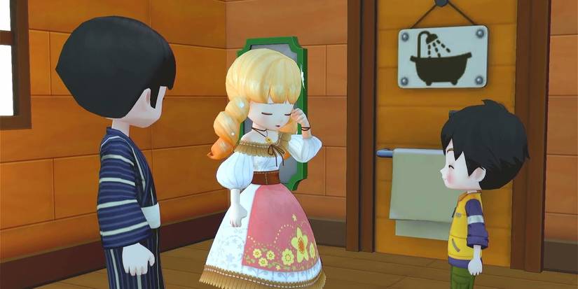 Lisette makes a sigh of relief as she stands in-between the player and their son in Story of Seasons: Pioneers of Olive Town