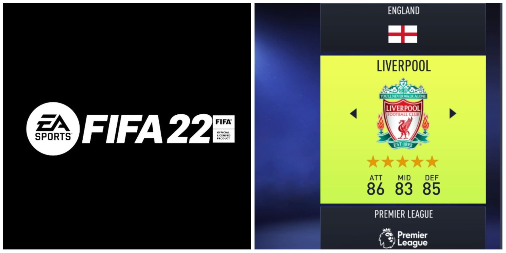Fifa 22 Logo split image with Liverpool logo in Fifa 22 menus