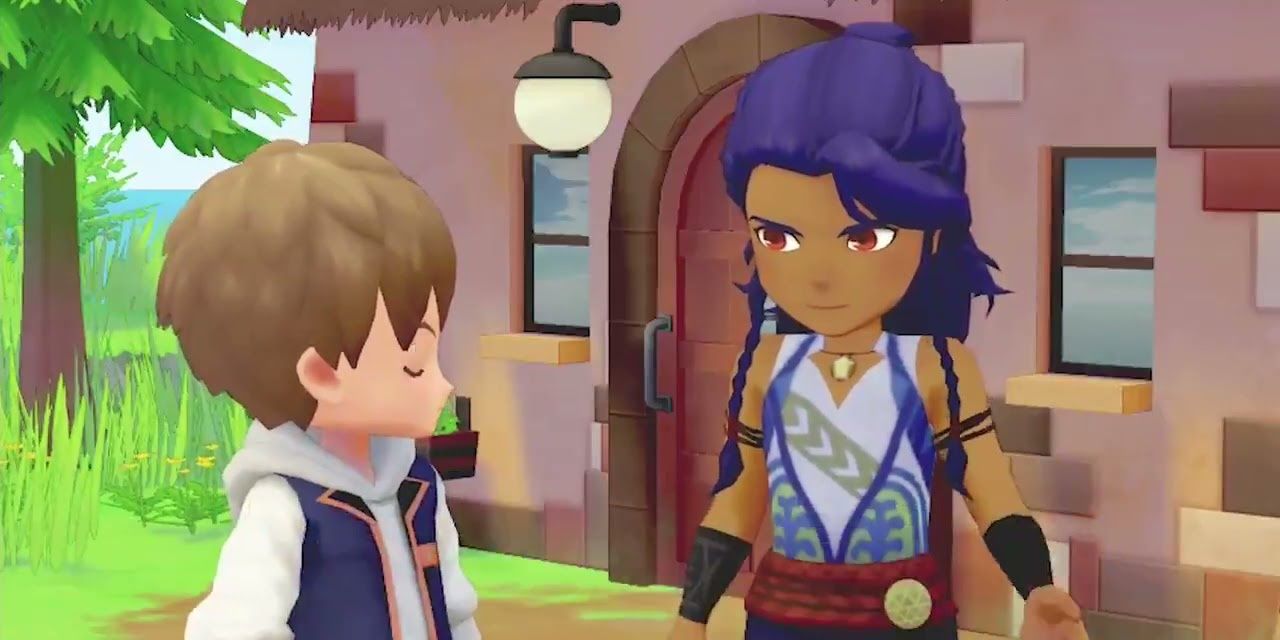 Ludus talking to a man with brown hair and a hoodie in Story of Seasons: Pioneers of Olive Town