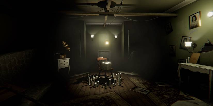 a creepy room with candles and a chair at the center in MADiSON