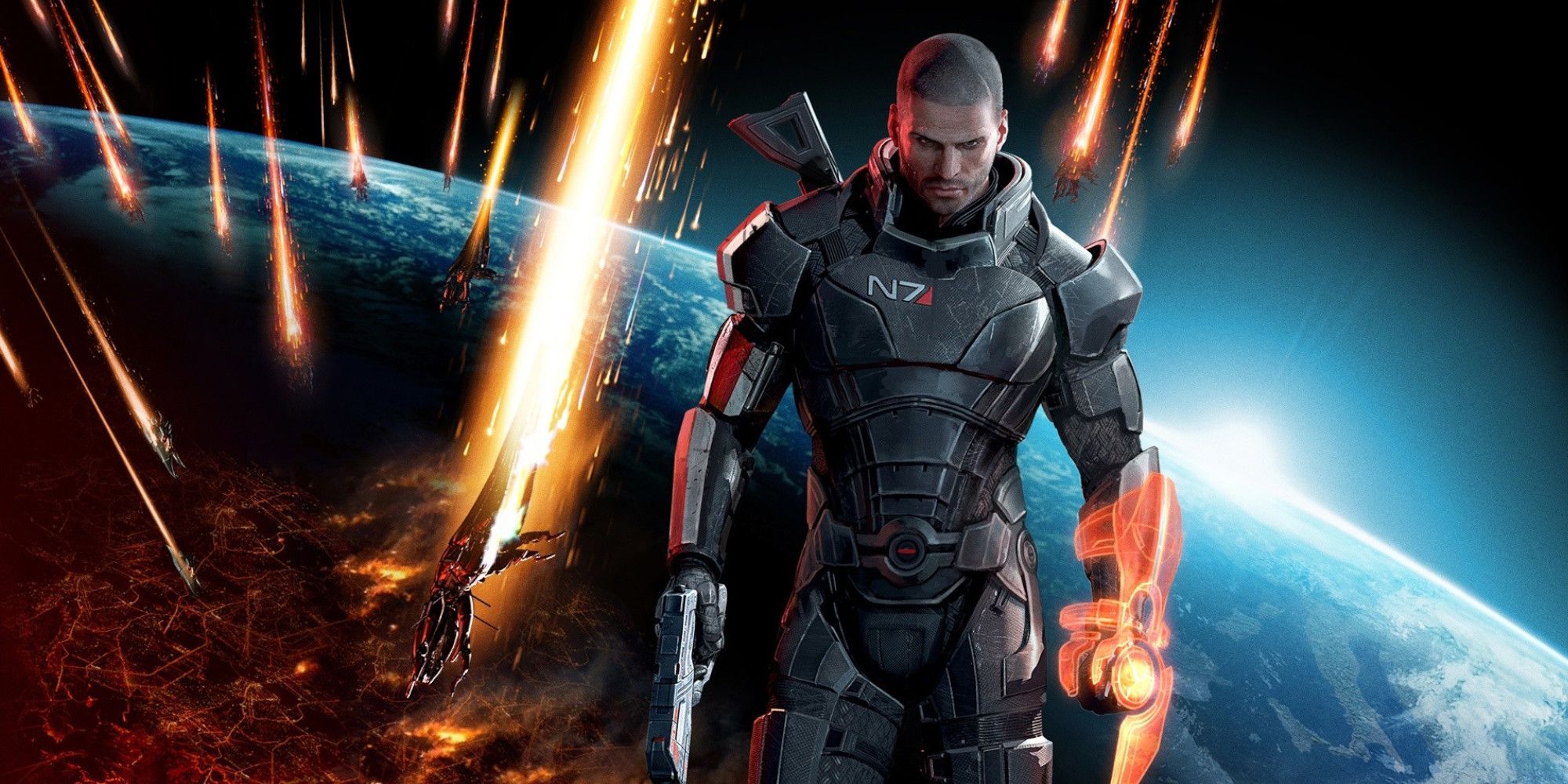Commander Shepard poses; behind him, Reapers attack Earth