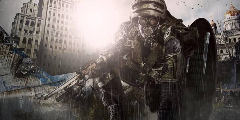 A solider emerges from a manhole into a wrecked world