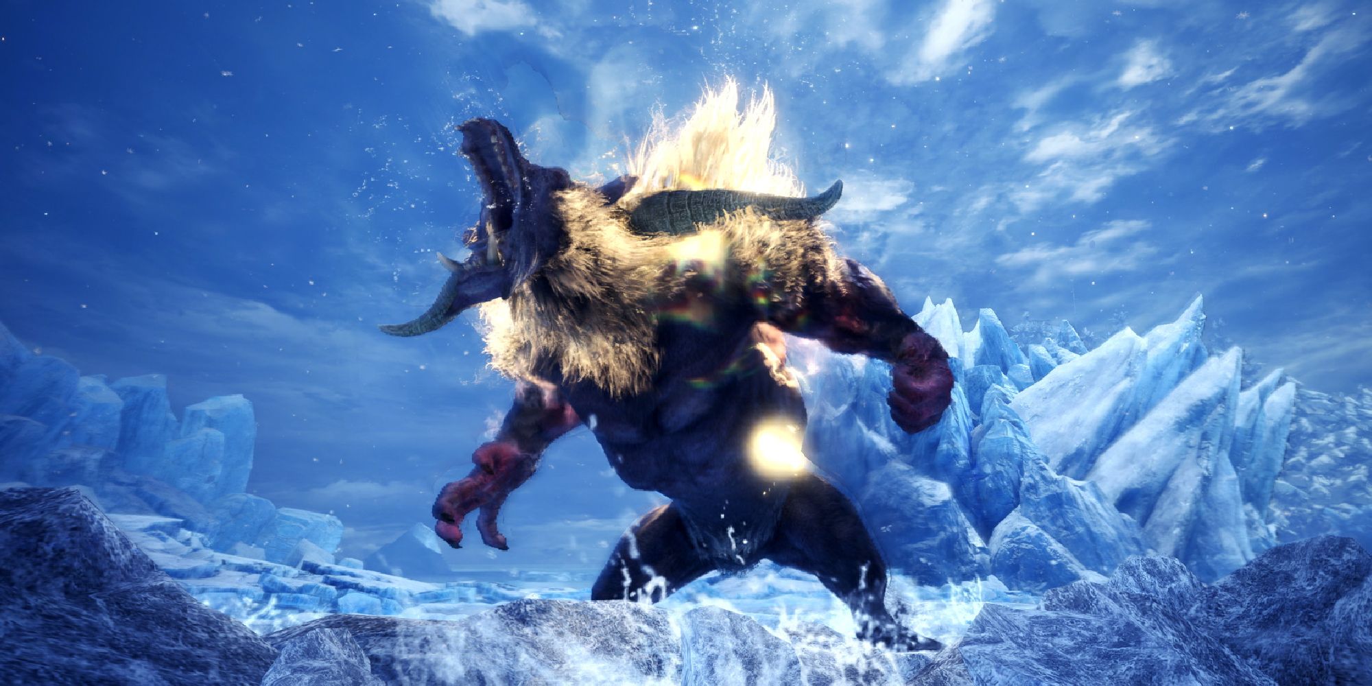 Furious Rajang on a snowy mountain screaming in Monster Hunter World Iceborne