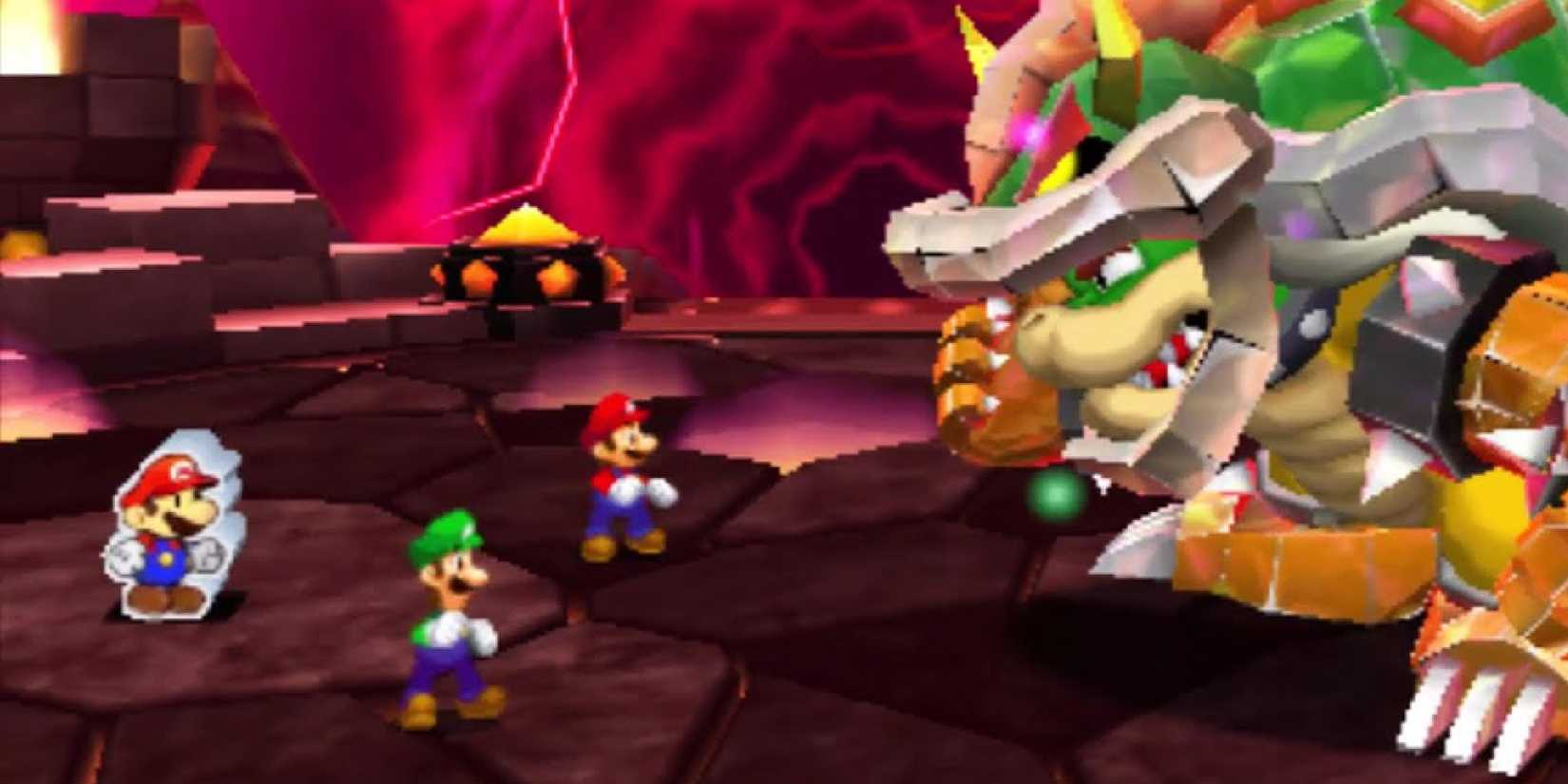 Mario, Luigi, and Paper Mario in battle against a giant Bowser in Bowser Armor in Mario & Luigi: Paper Jam