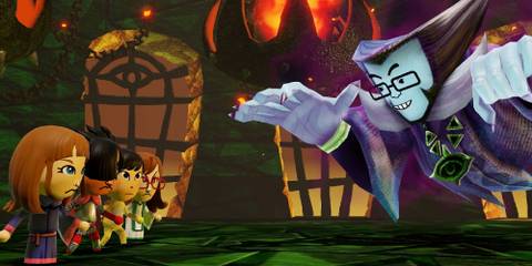A party of four Miis in battle against the Dark Lord in Miitopia for Switch