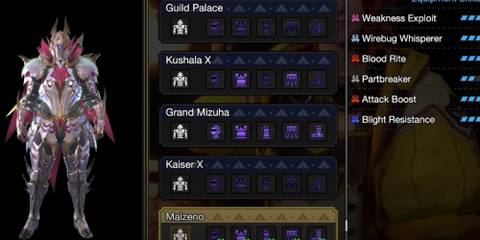 The armor selection screen for the Malzeno armor set with a male hunter