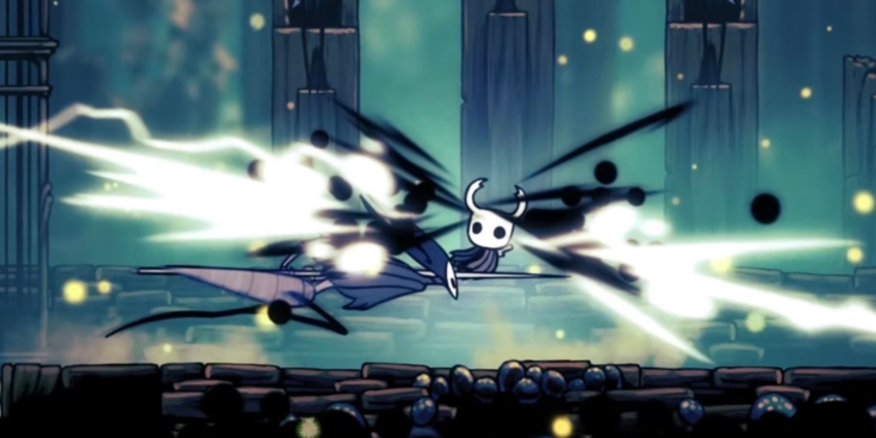 Hollow Knight the Knight being attacked by one of the Mantis Lords