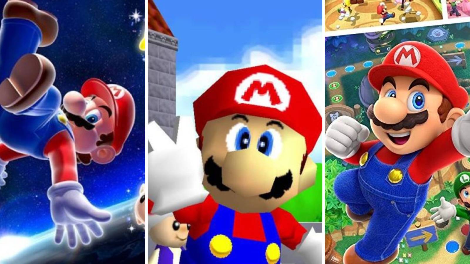 Mario in Super Mario Galaxy, Mario 64, and Mario Party Superstars