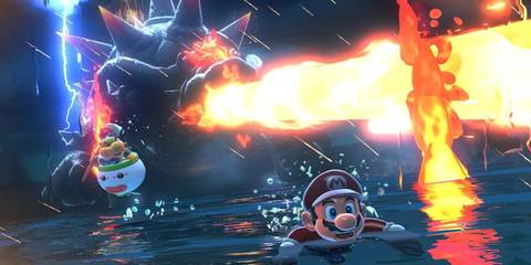 Mario and Bowser Jr. fleeing from Bowser in Super Mario 3D World + Bowser's Fury