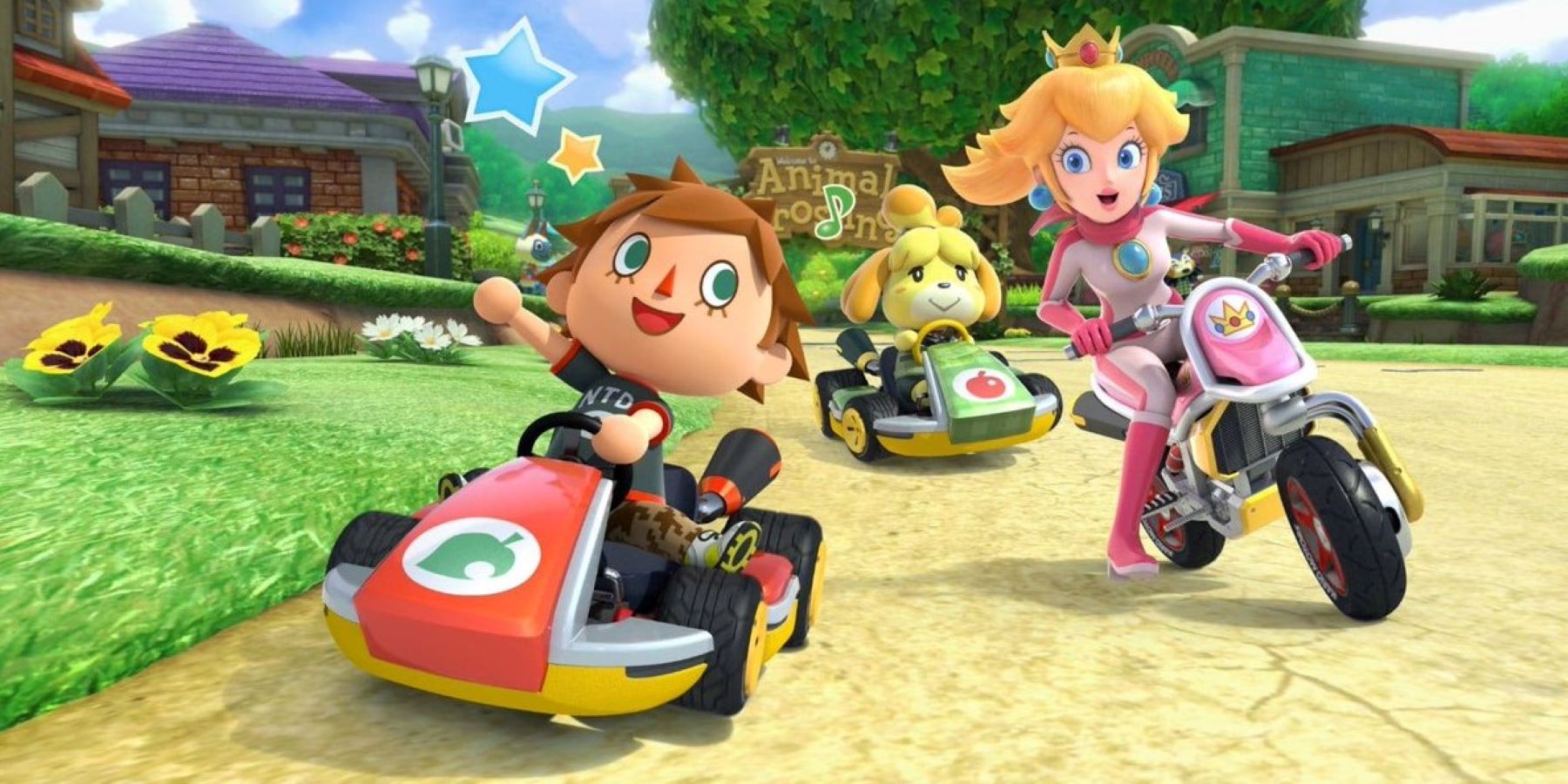 Peach, Isabelle, and a Villager racing on Mario Kart 8 Deluxe's Animal Crossing track