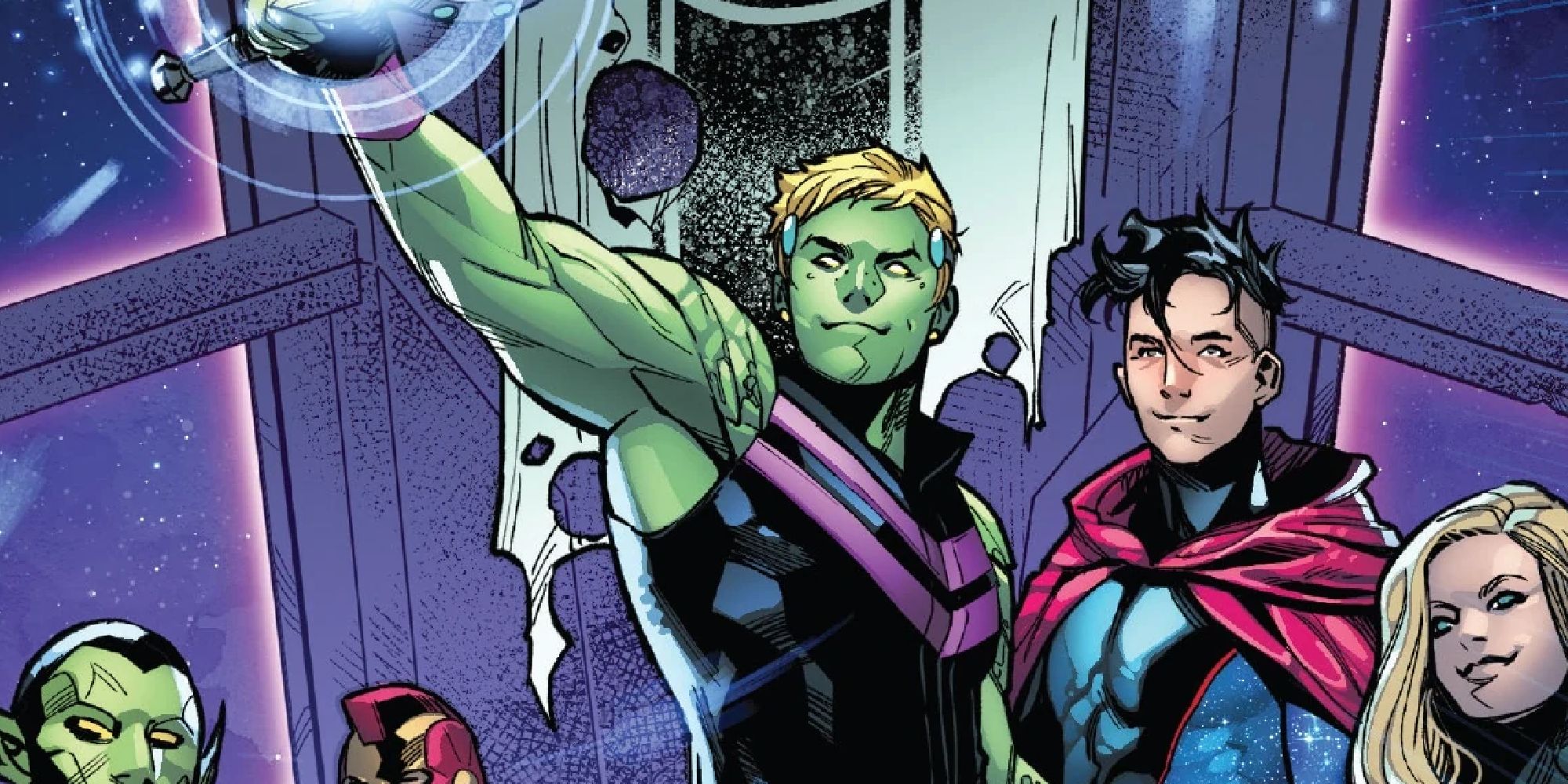 Hulkling standing with Wiccan in the comics
