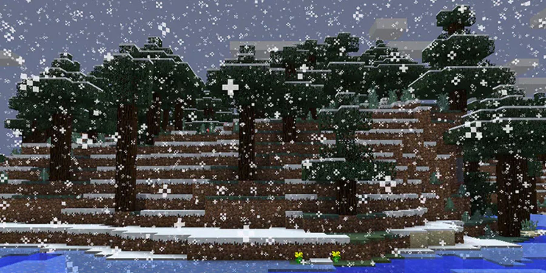 Minecraft spruce wood forest under falling snow