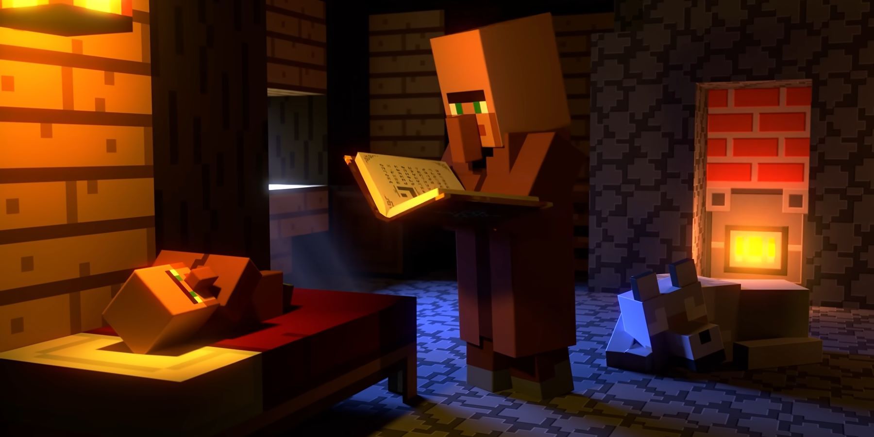 Житель деревни читает ребенку в трейлере Minecraft Legends