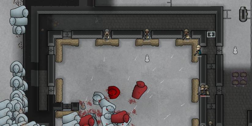 Miniguns being used to kill Buffalo in a room in RimWorld