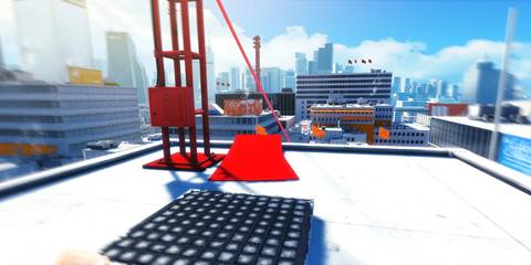 Faith's runner vision highlighting routes across the level in red in Mirror's Edge