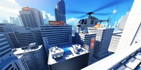 A helicopter flying over the city in Mirror's Edge