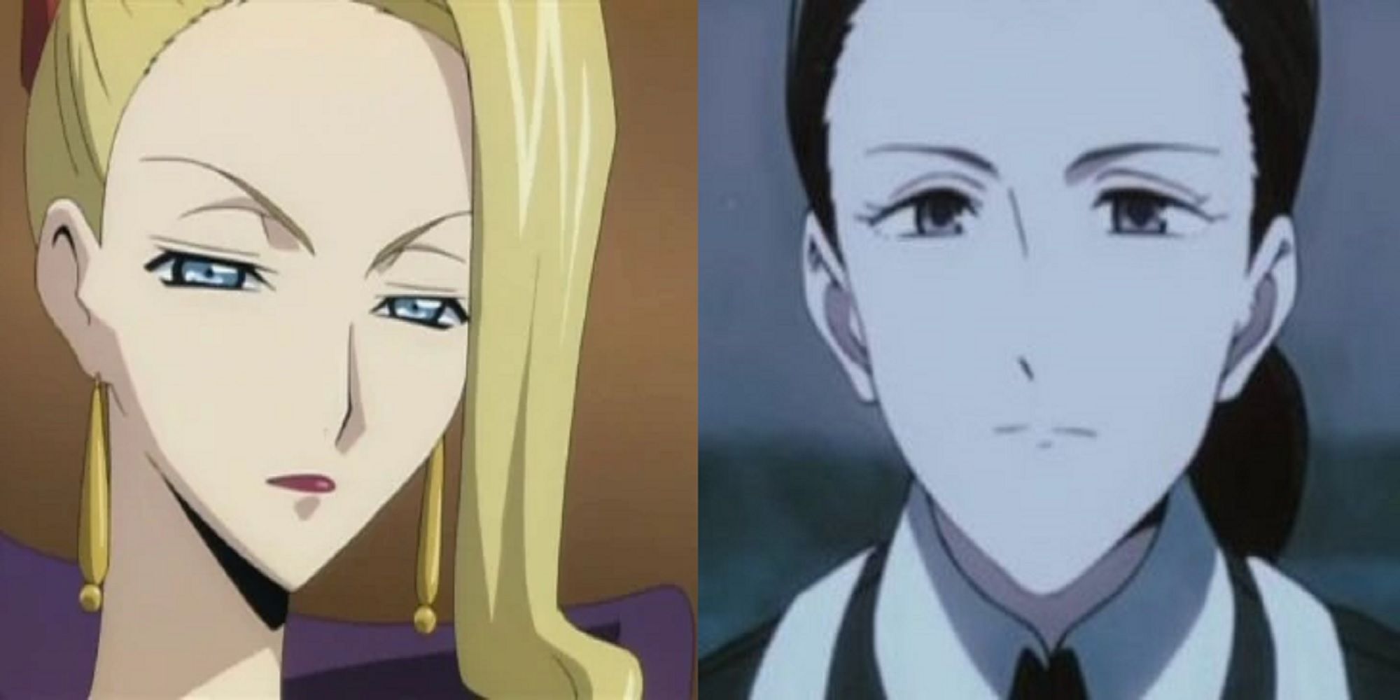 Split image of Mrs. Stadtfeld from Code Geass and Isabella from The Promised Neverland