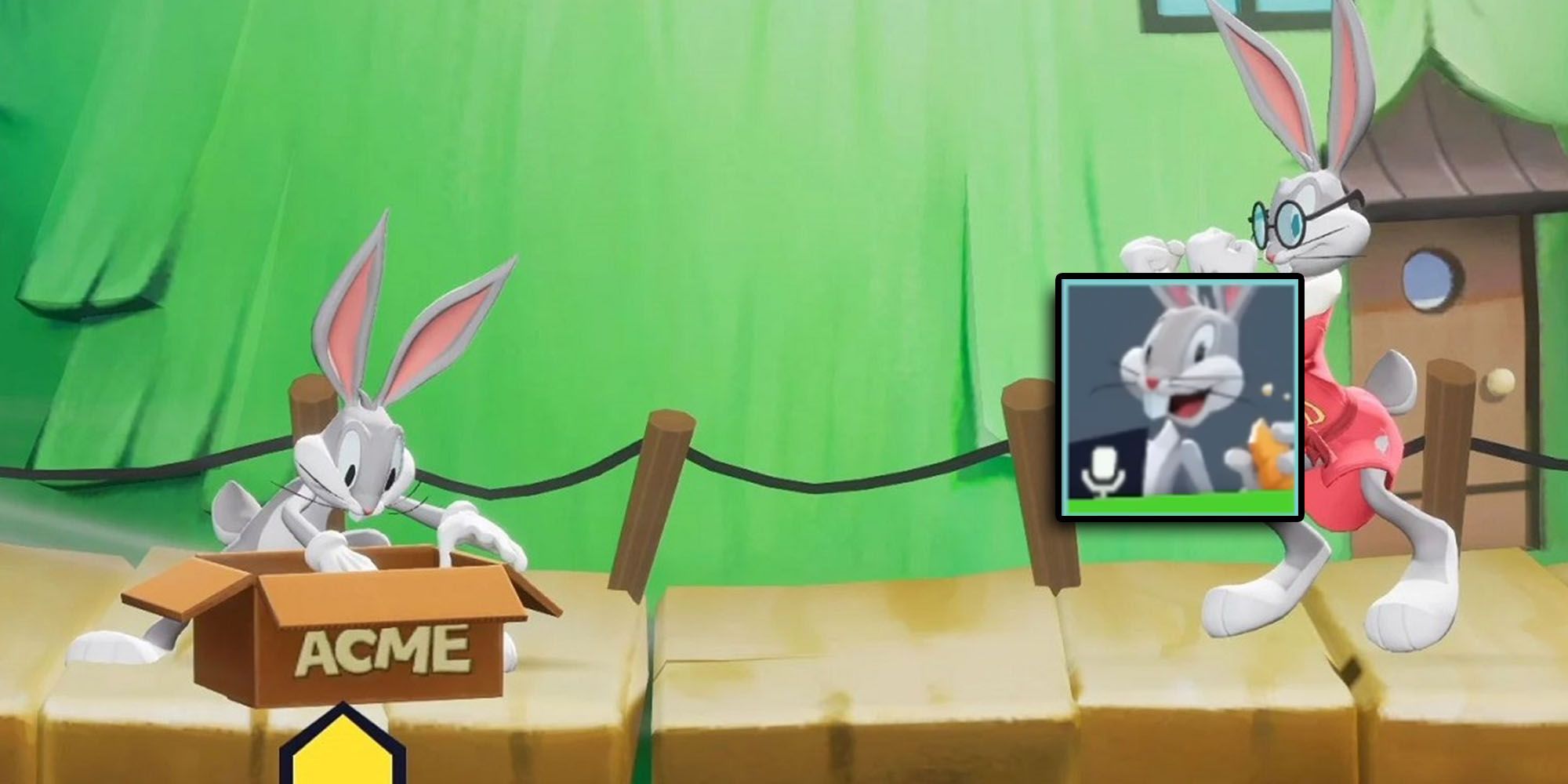 Multiversus - Bugs Bunny Searching Through An Acme Box With Announcer Pack Icon Overlaid On Top