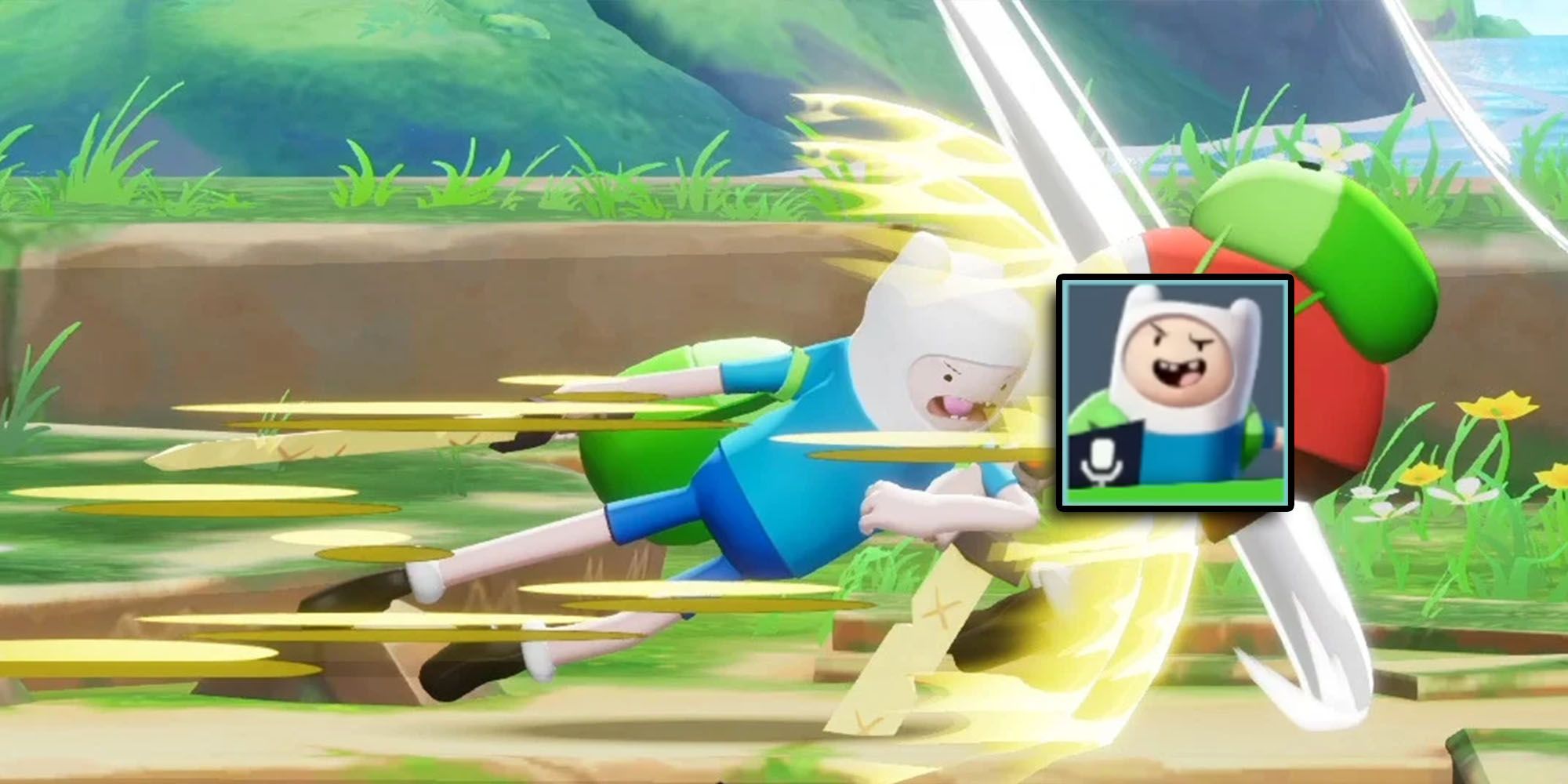 Multiversus - Finn Tackling Finn With Announcer Pack Icon Overlaid On Top