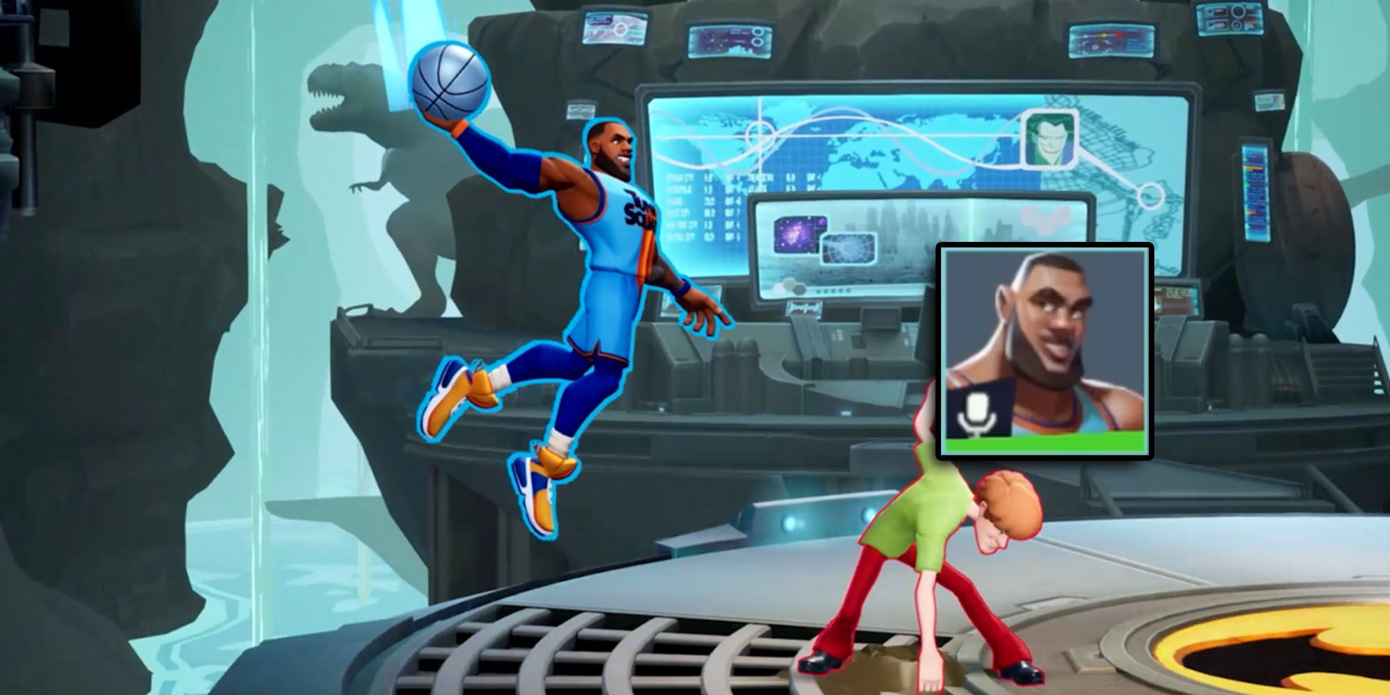 Multiversus - Lebron About To Dunk On Shaggy With Announcer Pack Icon Overlaid On Top