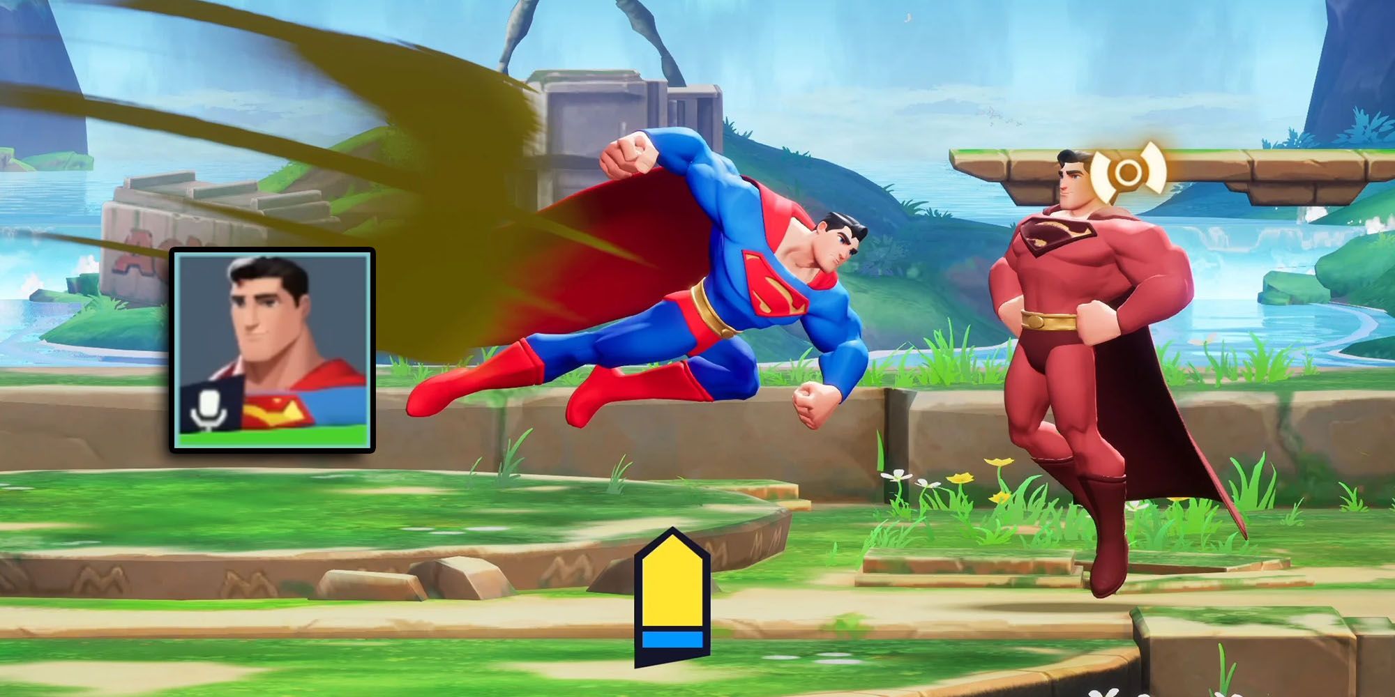 Multiversus - Superman About To Punch Superman With Announcer Pack Icon Overlaid On Top