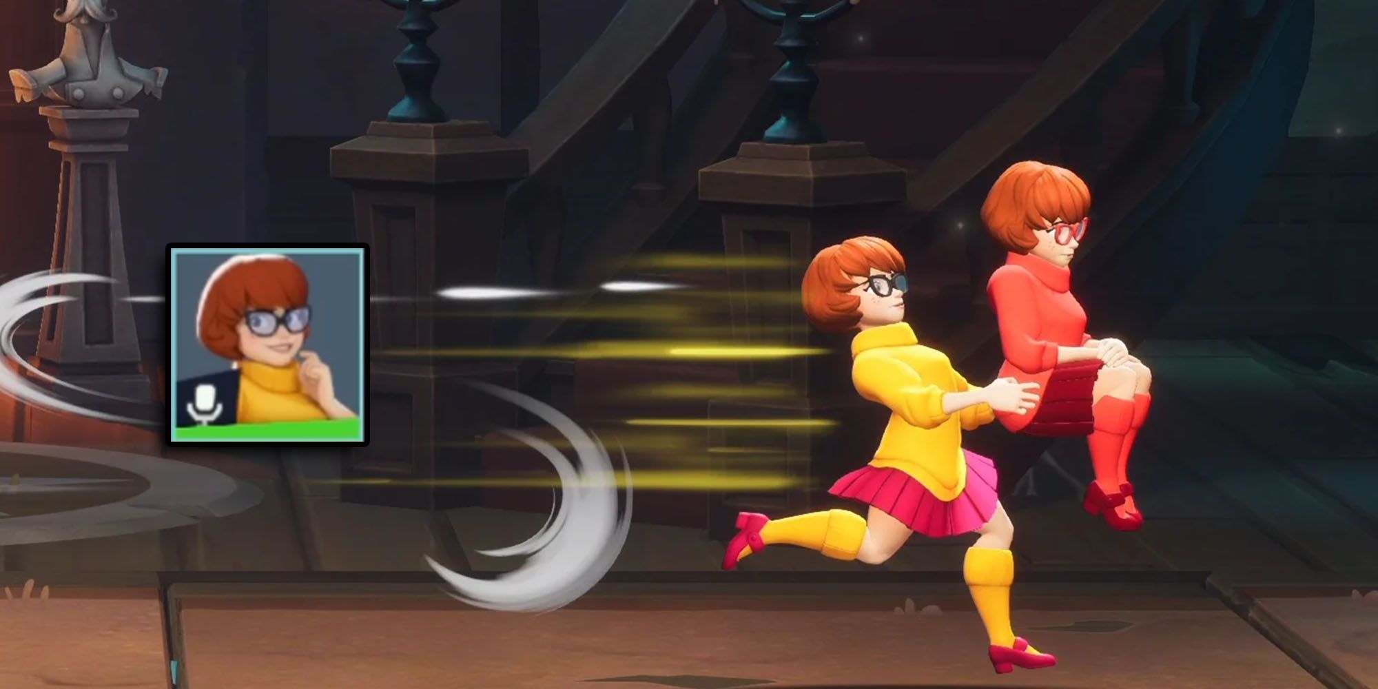 Multiversus - Velma Carrying Velma With Announcer Pack Icon Overlaid On Top