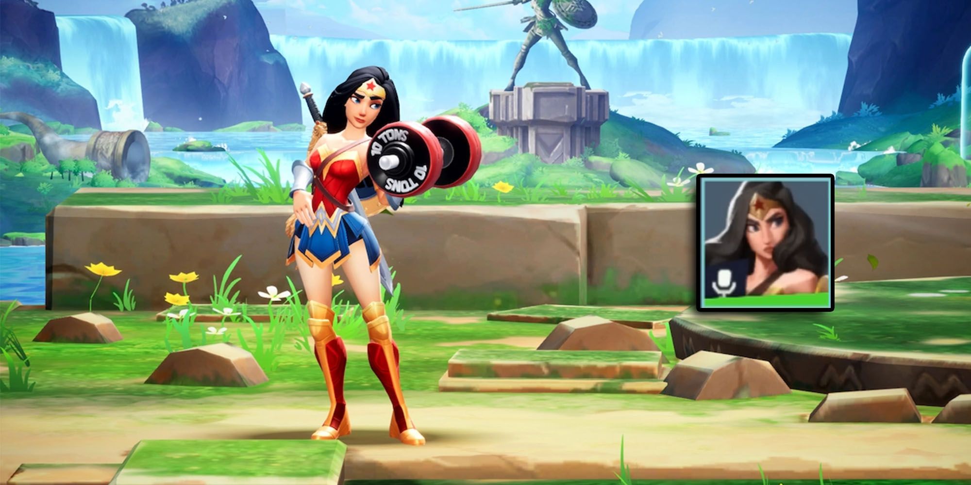 Multiversus - Wonder Woman Taunting In-Game With Announcer Pack Icon Overlaid On Top