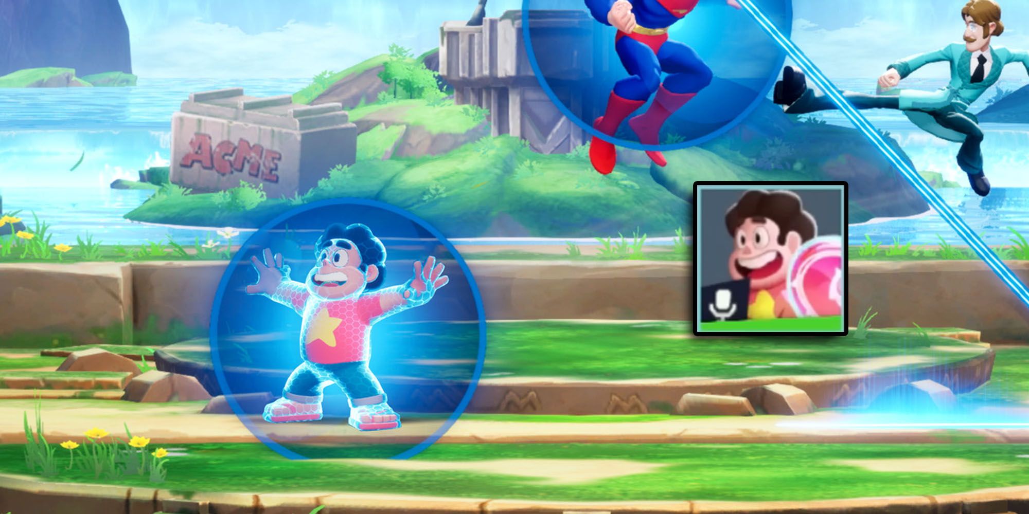 Multiversus -Steven Universe Using His Shield With Announcer Pack Icon Overlaid On Top