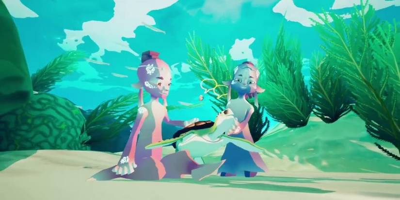 Ketri and Esti playing with sea turtle in Mythic Ocean