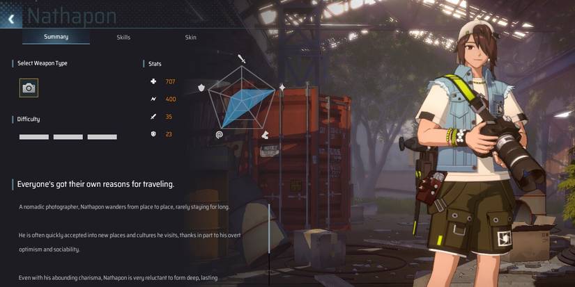 The character menu for Nathapon in Eternal Return