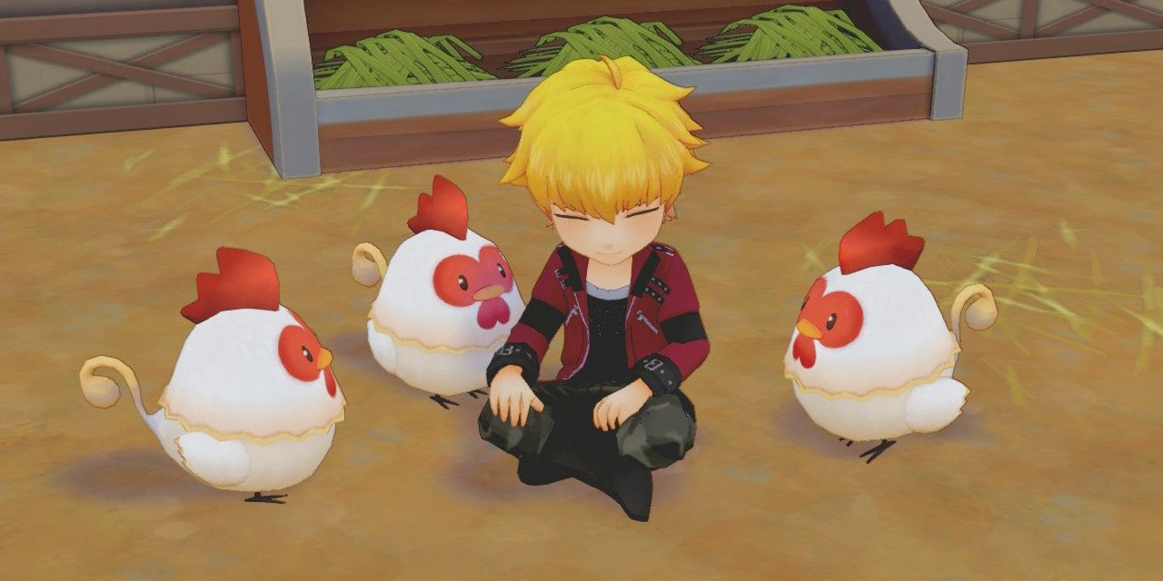 Neil sitting on the ground smiling with three chickens in Story of Seasons: Pioneers of Olive Town