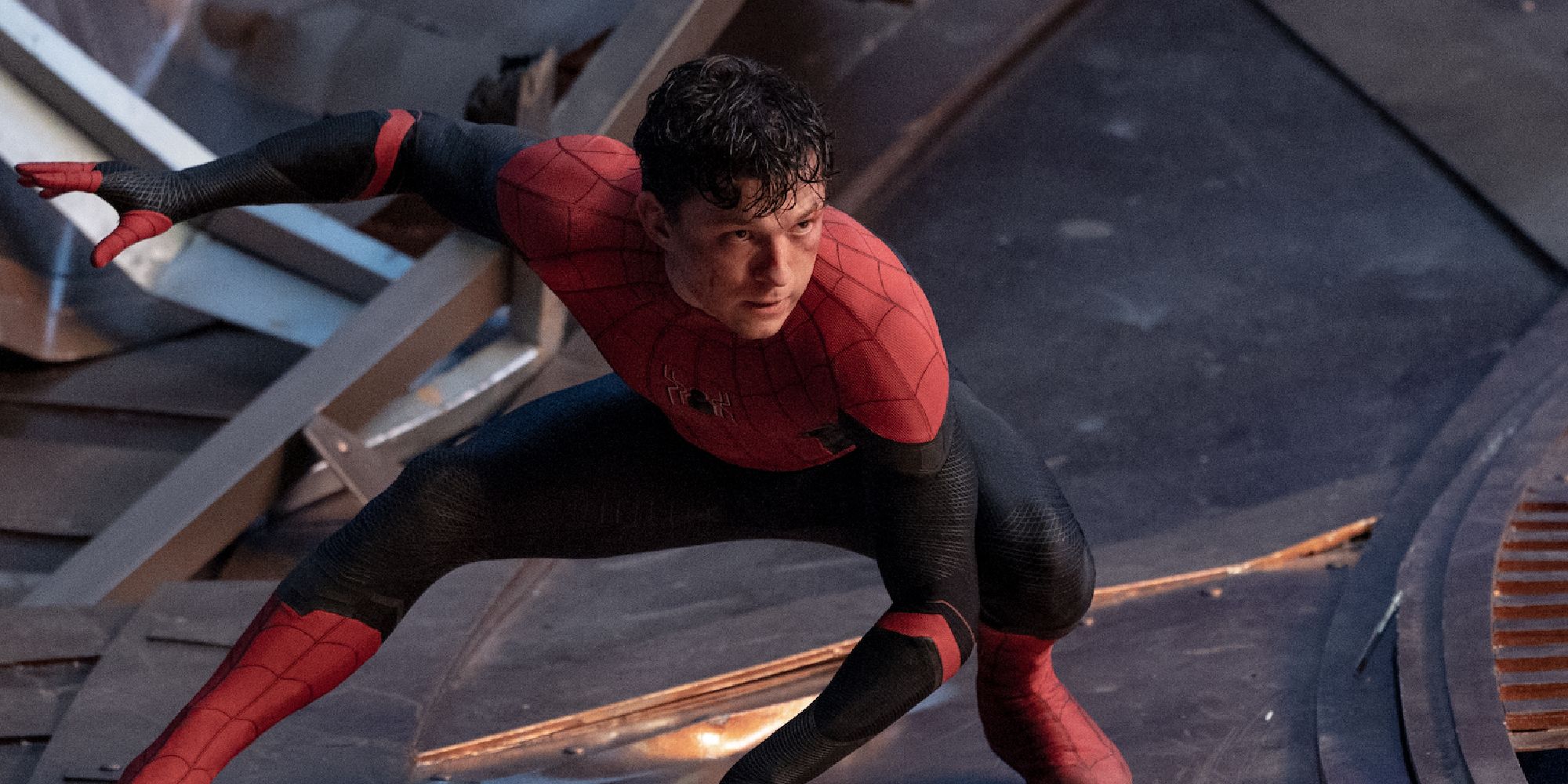 Tom Holland as Peter Parker mid-battle in Spider-Man: No Way Home