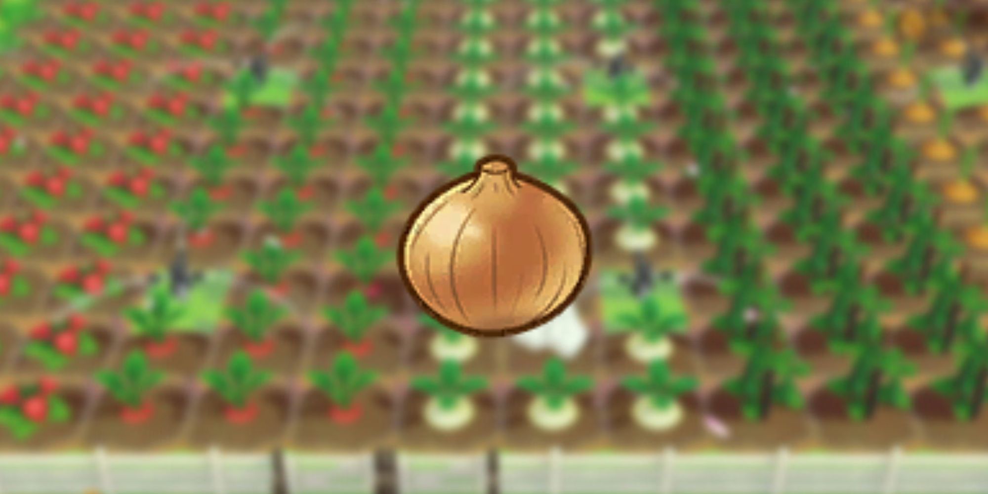 Onion icon as it would be seen in players inventory over blurred background of crops in game
