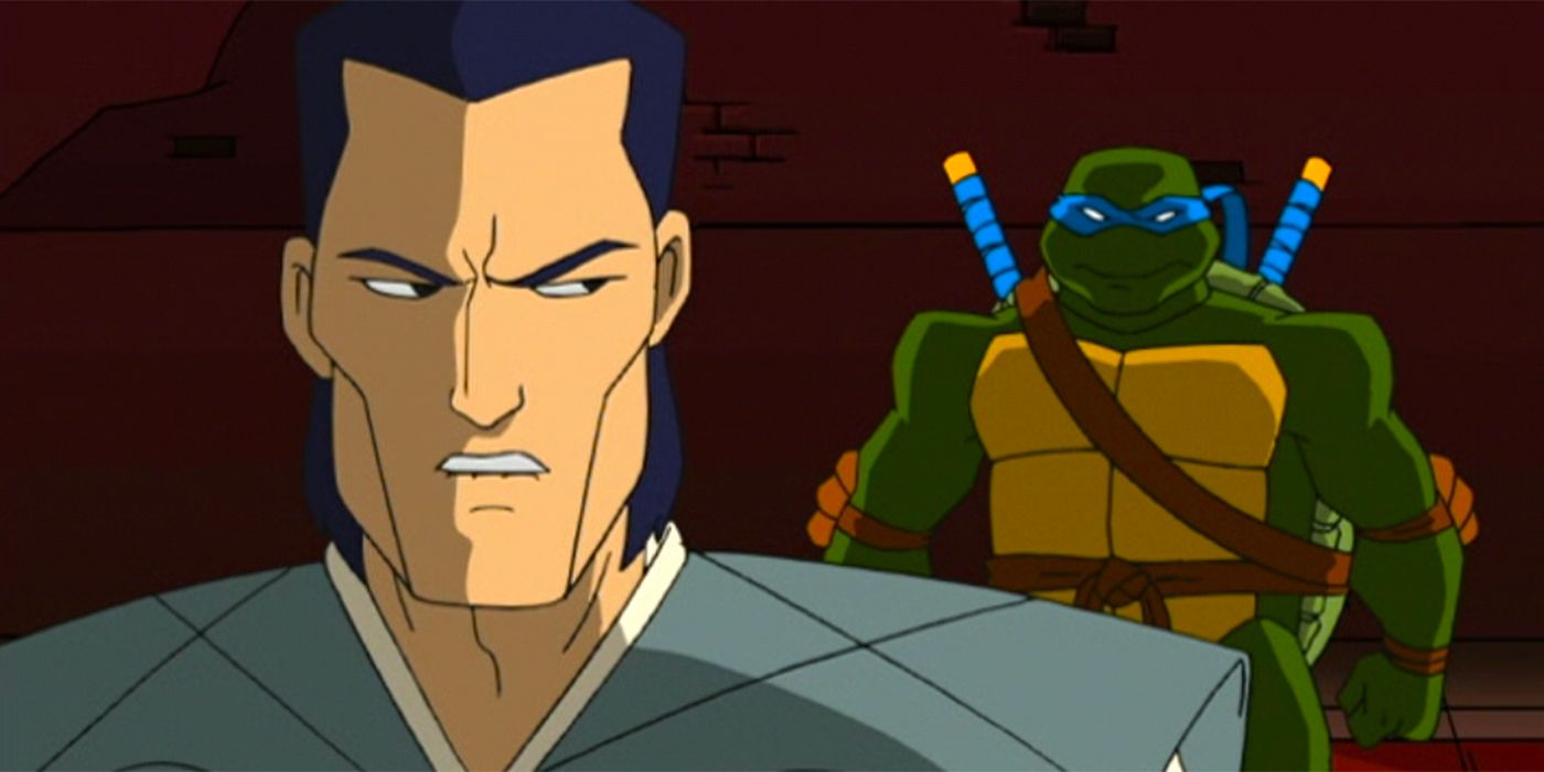 Oroku Saki, a.k.a. Shredder (left), with his back faced towards Leonardo (right). Image source: cbr.com
