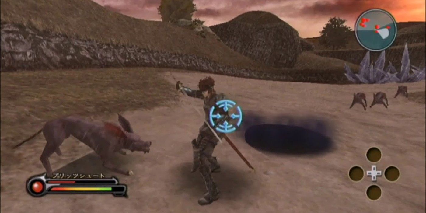 drawing sword on beast in a field in Ougon No Kizuna Wii 