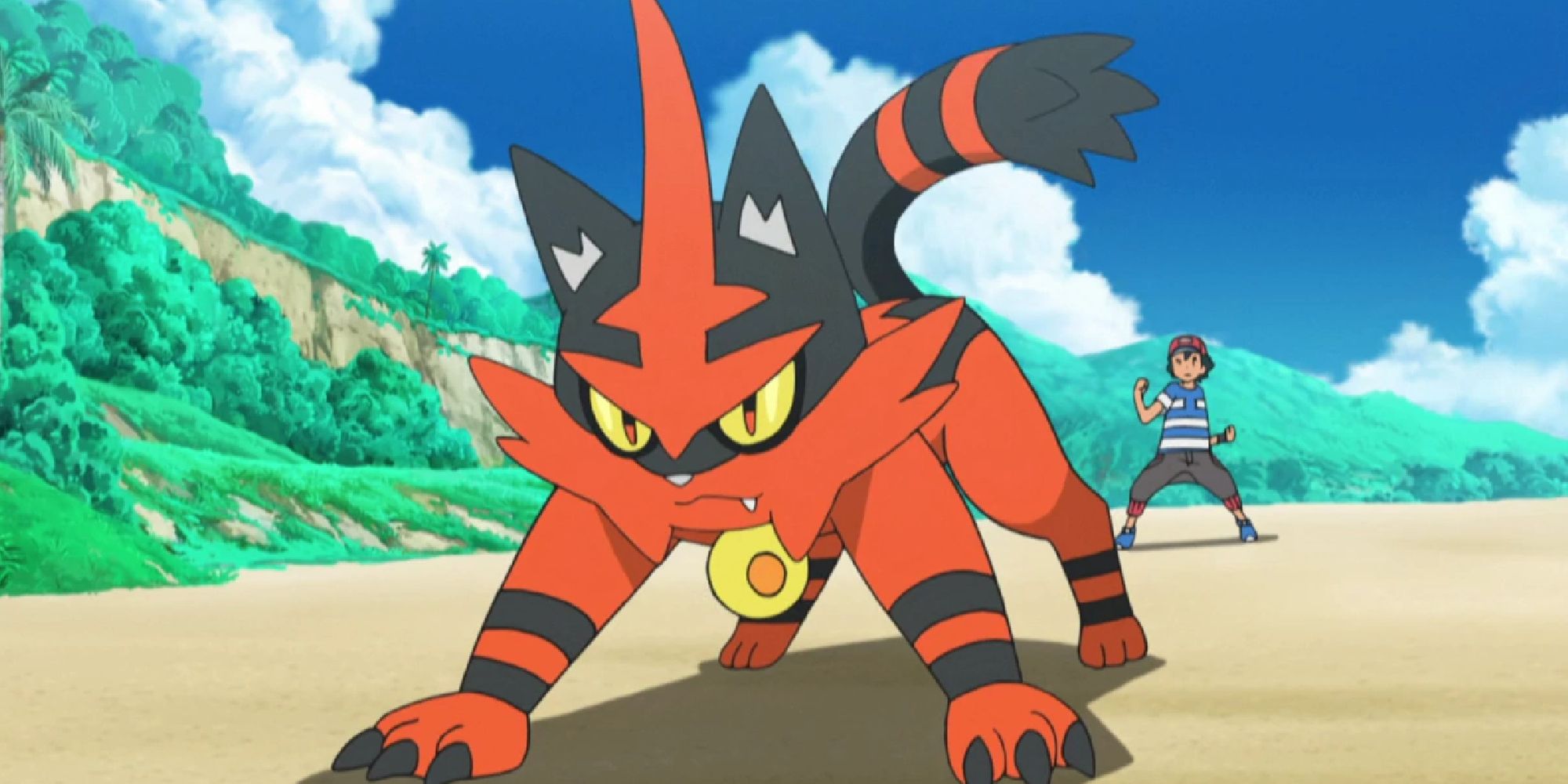 Ash sending out his Torracat in battle in the Pokemon anime