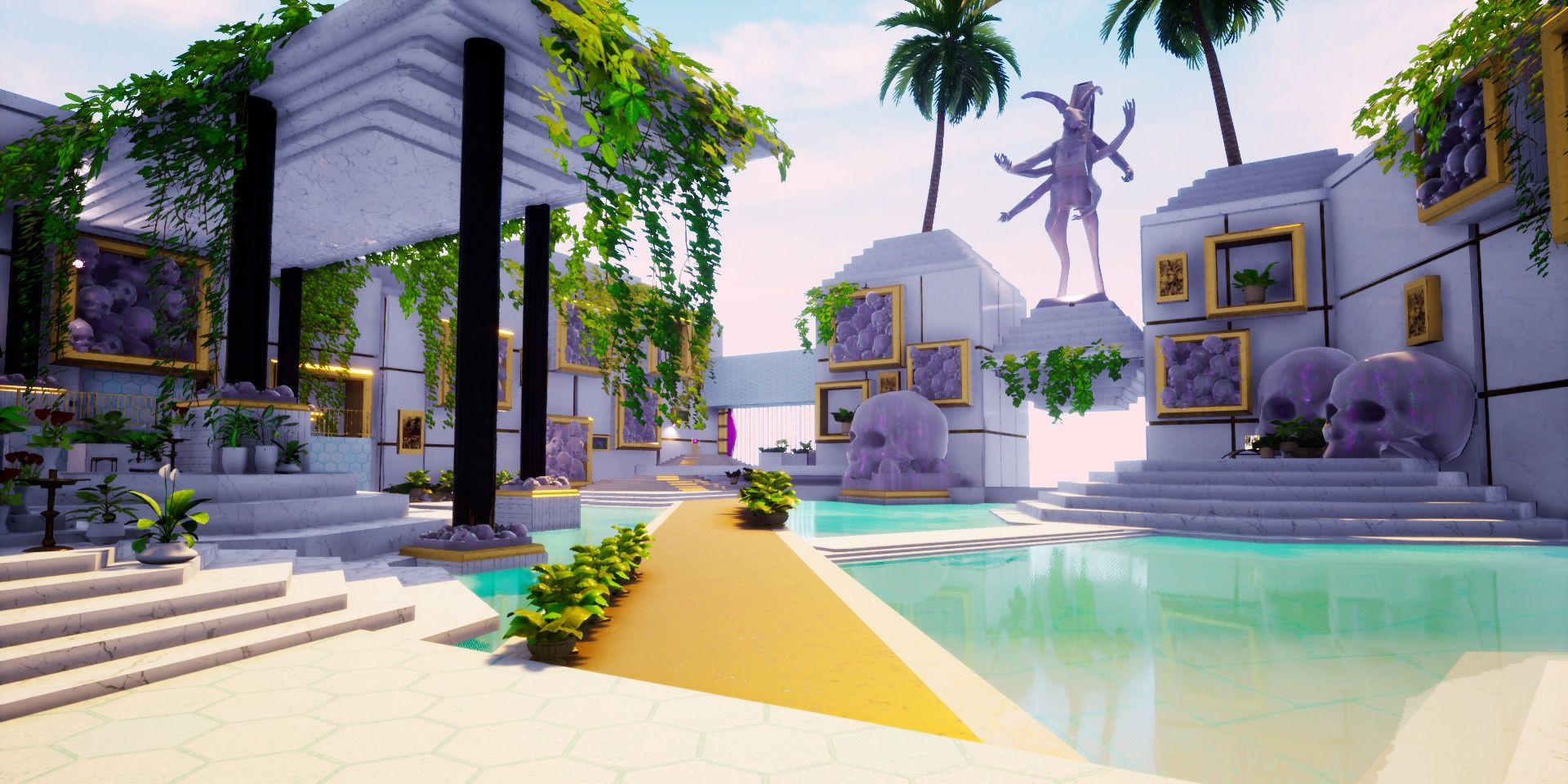 A tropical resort with platforms that lead to skull statues and paintings in Paradise Killer