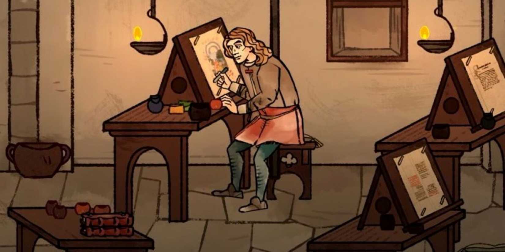 Pentiment protagonist Andreas Maler working on a piece of art