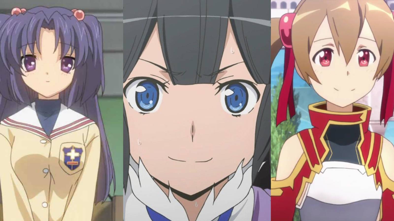 Pigtails character girls Hestia, Silica and Kotomi from Sword Art Online, Clannad and Is it Wrong to Pickup Girls in a Dungeon