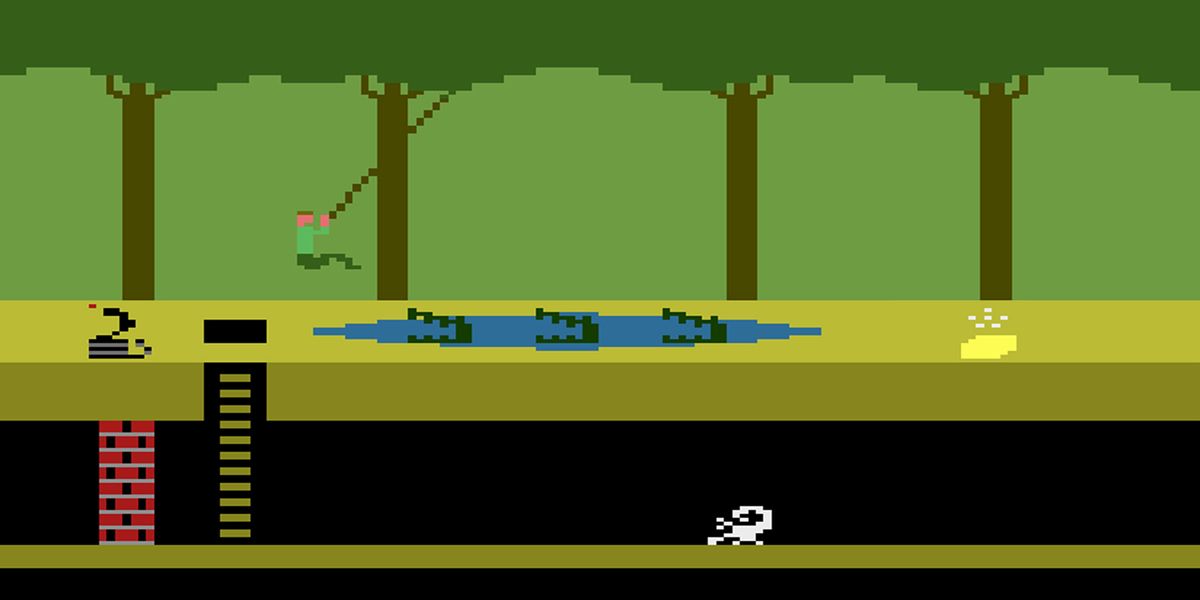 Protagonist swinging over crocodiles
