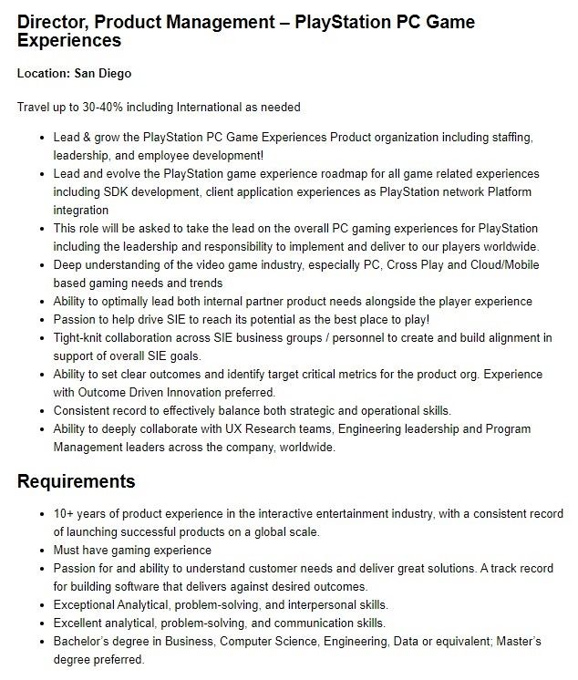 PlayStation PC job listing